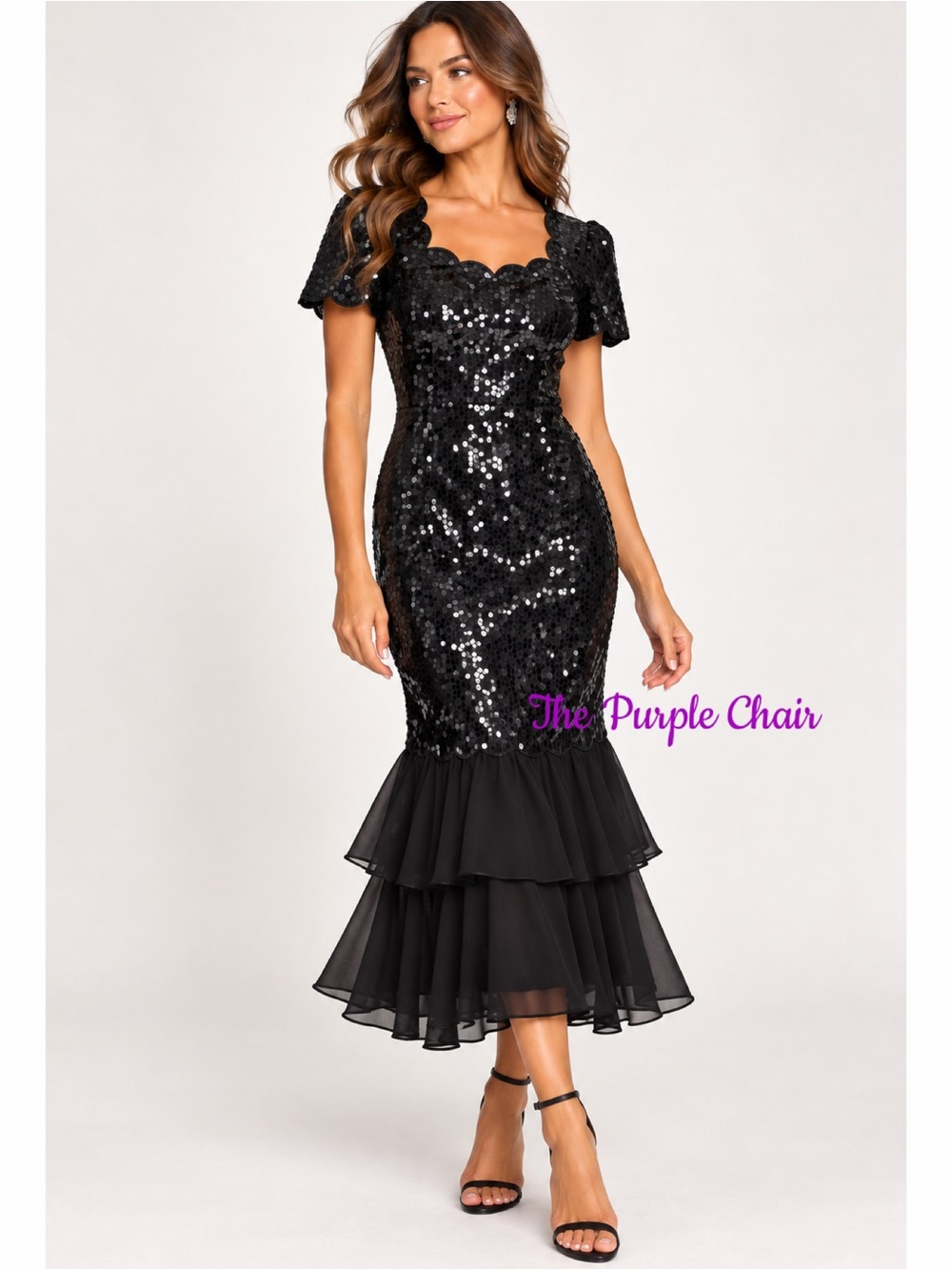 Niteline Vintage Black Sequin & Beaded Mermaid Midi Dress Size 4